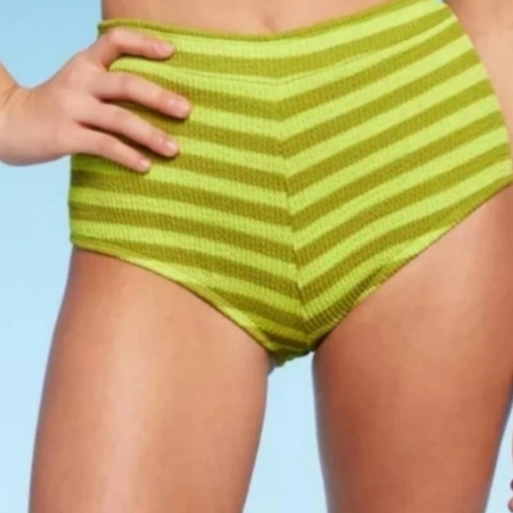 Bikini Set- LimeStriped Ribbed Green Triangle Bikini Top=S. +Boy Short Bottom=XS